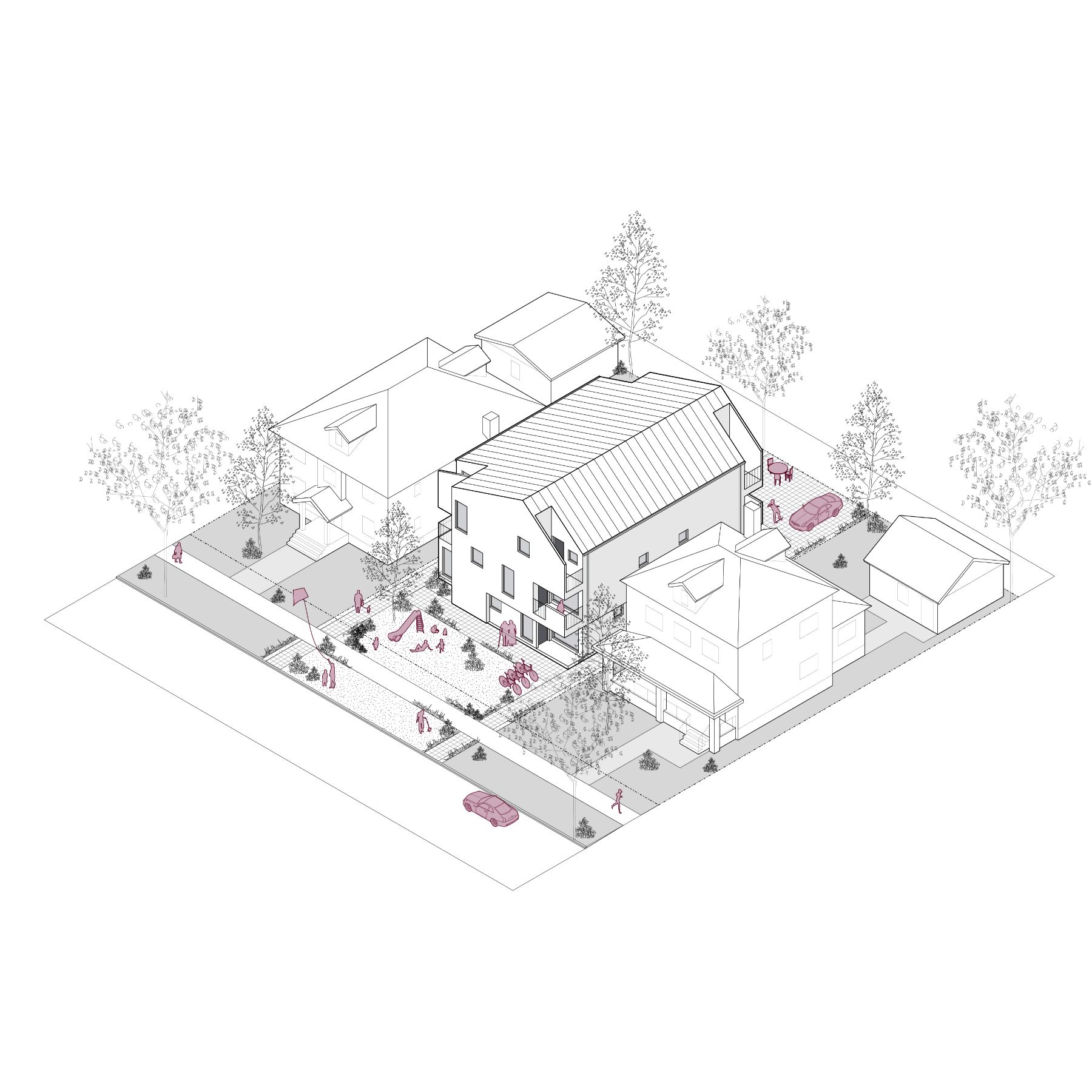 A 3D line rendering of a structure spanning 583 square meters (6,275 square feet). The three-storey sixplex is depicted with six individual units, each with private entrances. The rendering emphasizes its higher density housing design within a suburban neighbourhood.